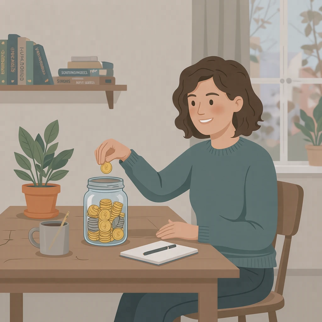 自宅で貯金瓶に硬貨を入れるフリーランスのイラスト（フラットイラスト）
