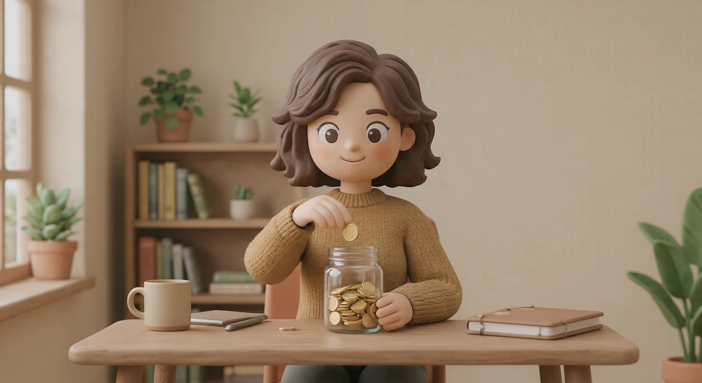 自宅で貯金瓶に硬貨を入れるフリーランスのイラスト（ソフト3D）