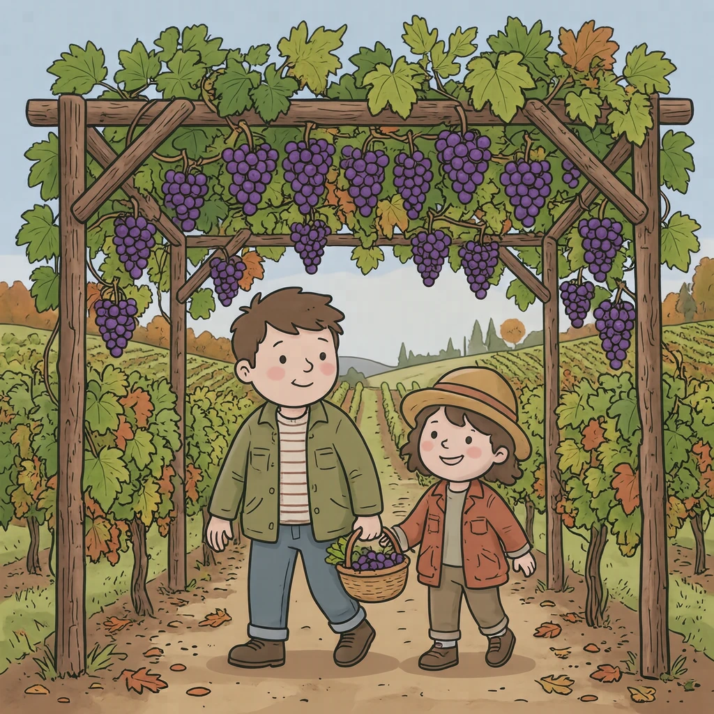ブドウ園でブドウを入れたかごを運ぶ来園者のイラスト（ゆるいイラスト）
