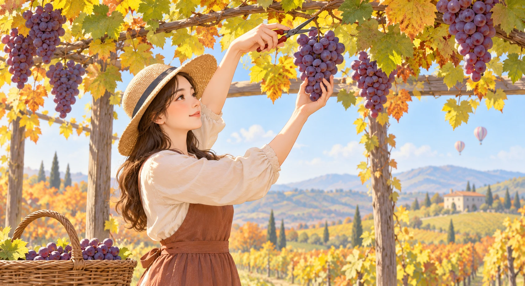 Illustration of one visitor reaching up under the vines and cutting a bunch of grapes with small scissors, under a grape trellis in a sunny vineyard, during the autumn grape picking season (soft pastel)