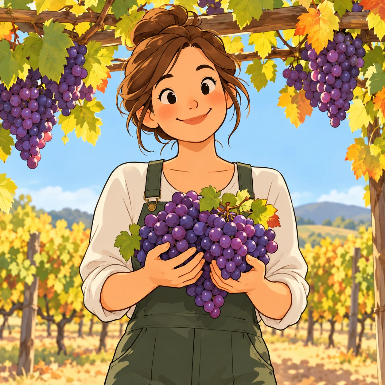 Illustration of one visitor holding up a large bunch of purple grapes in both hands, under a grape trellis in a sunny vineyard, during the autumn grape picking season (loose cartoon)