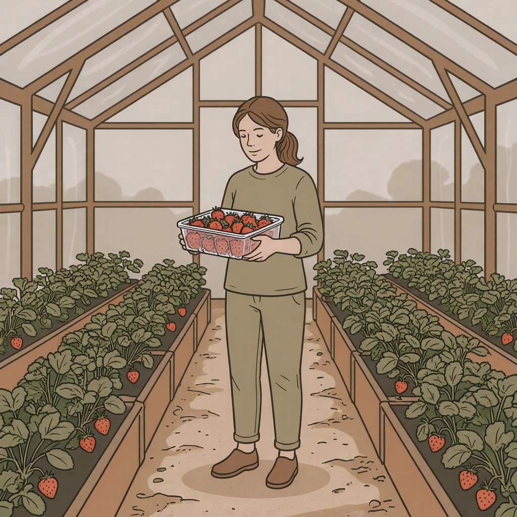 いちご農園でいちごを詰めたパックを持つ来園者のイラスト（シンプル線画）