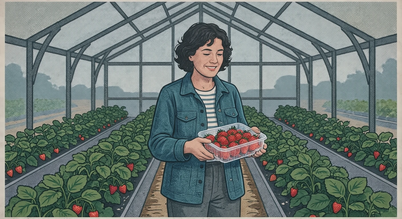 いちご農園でいちごを詰めたパックを持つ来園者のイラスト（レトロ印刷）