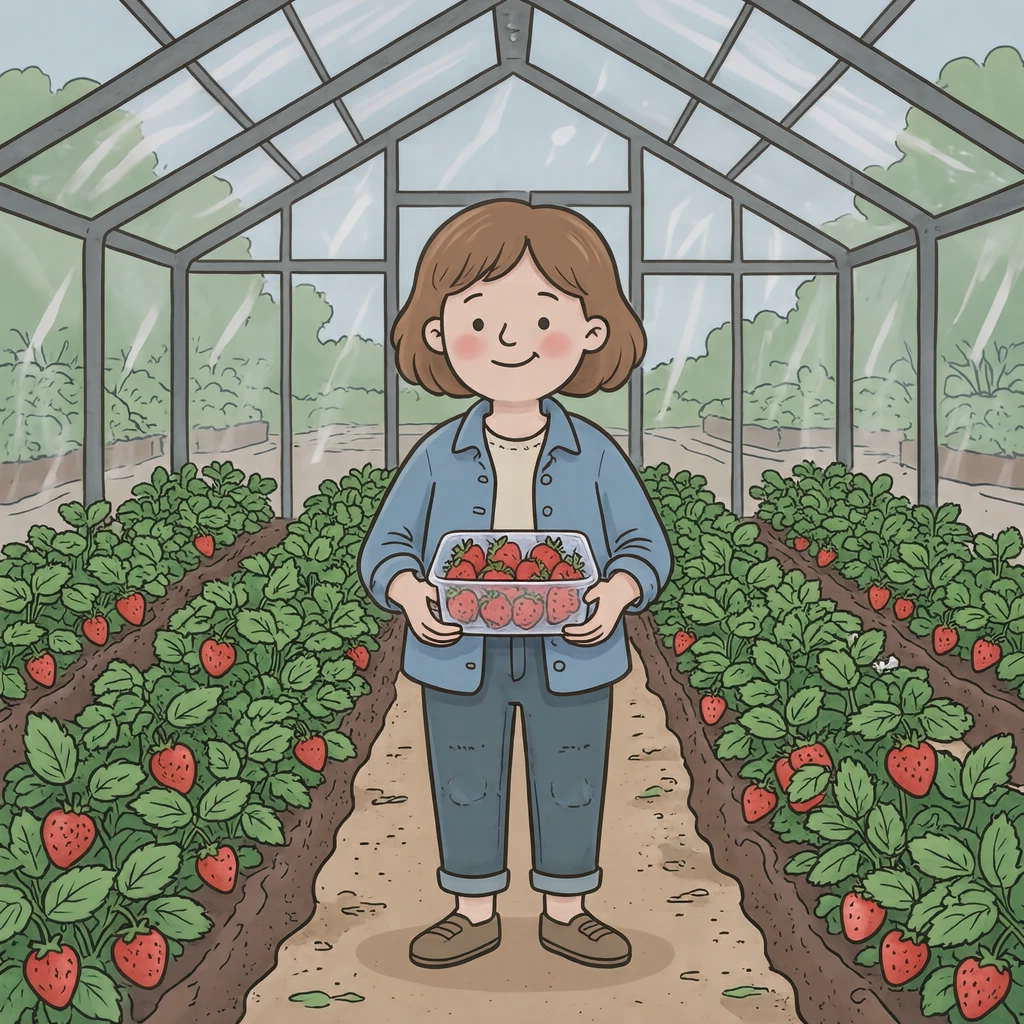 いちご農園でいちごを詰めたパックを持つ来園者のイラスト（ゆるいイラスト）