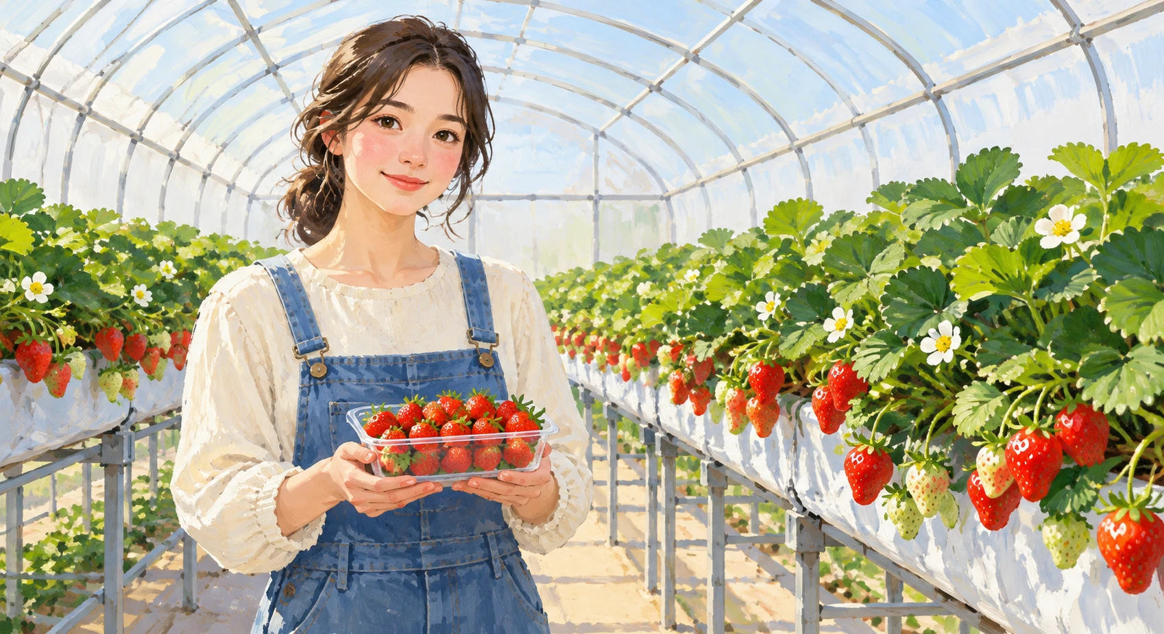 Illustration of one visitor holding a small clear plastic tray filled with picked strawberries in both hands, inside a bright plastic greenhouse lined with raised strawberry beds, during strawberry picking season (gouache)