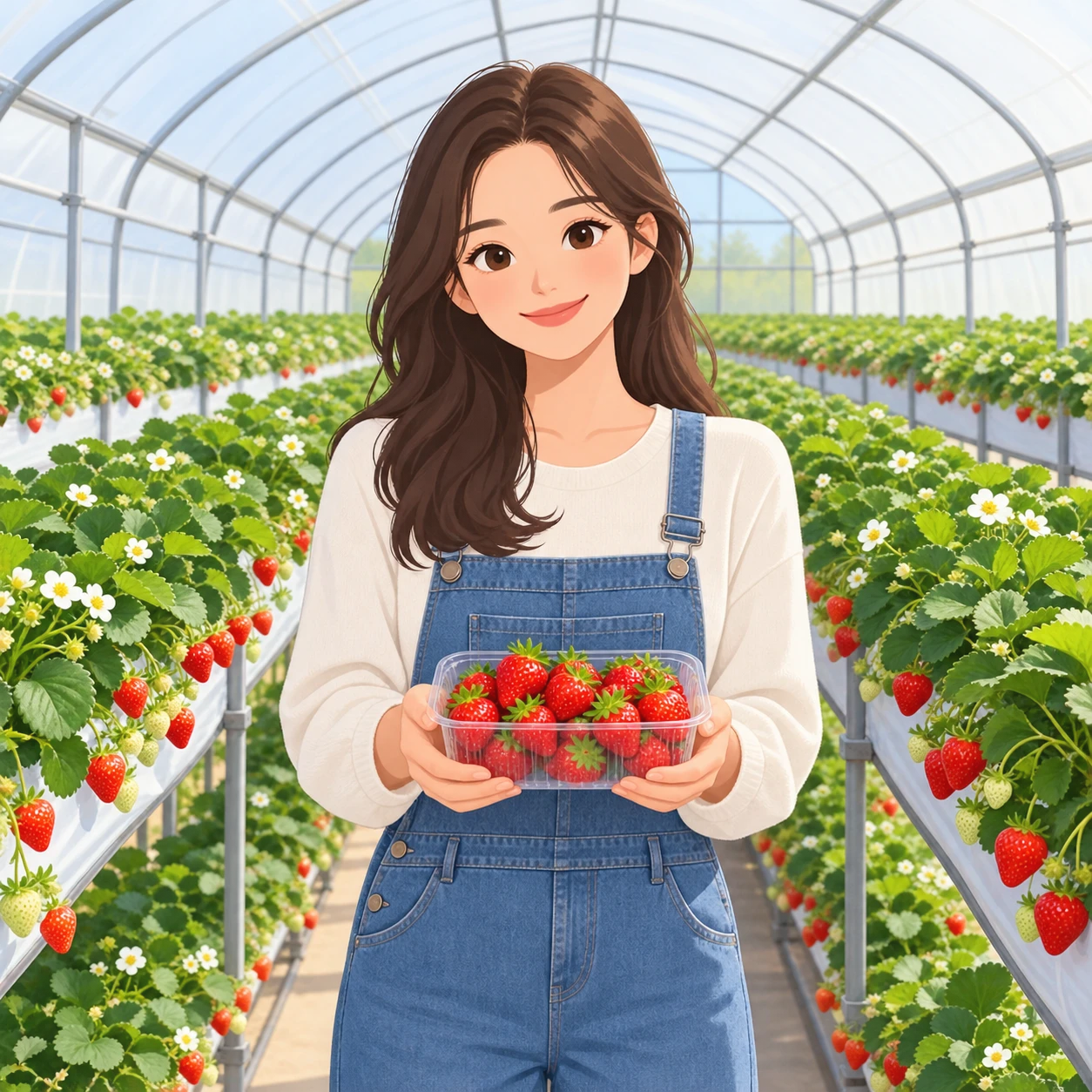 いちご農園でいちごを詰めたパックを持つ来園者のイラスト（フラットイラスト）