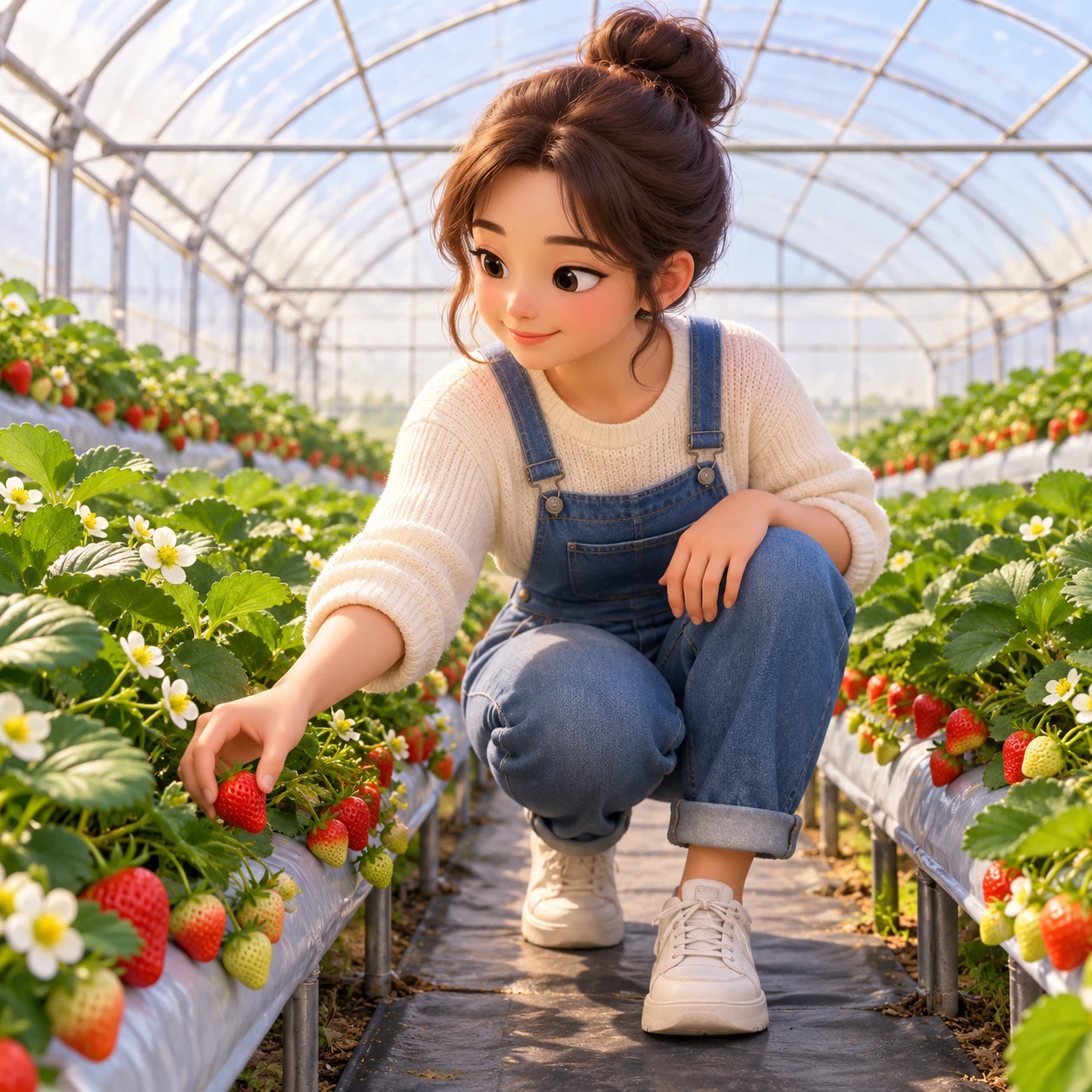 いちご農園でいちごを摘む来園者のイラスト（ソフト3D）