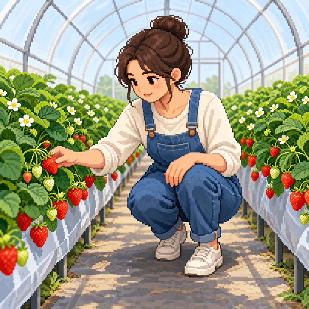 いちご農園でいちごを摘む来園者のイラスト（ドット絵）