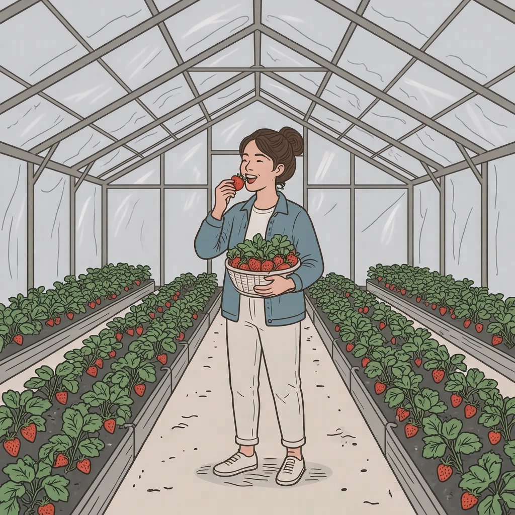 いちご農園で摘みたてのいちごを食べる来園者のイラスト（シンプル線画）