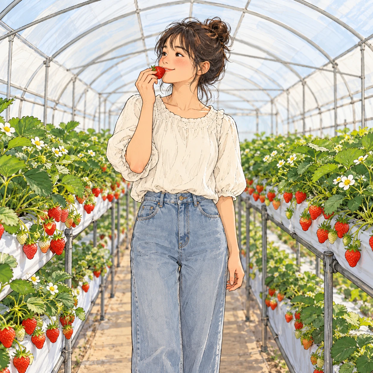 いちご農園で摘みたてのいちごを食べる来園者のイラスト（手描き風）