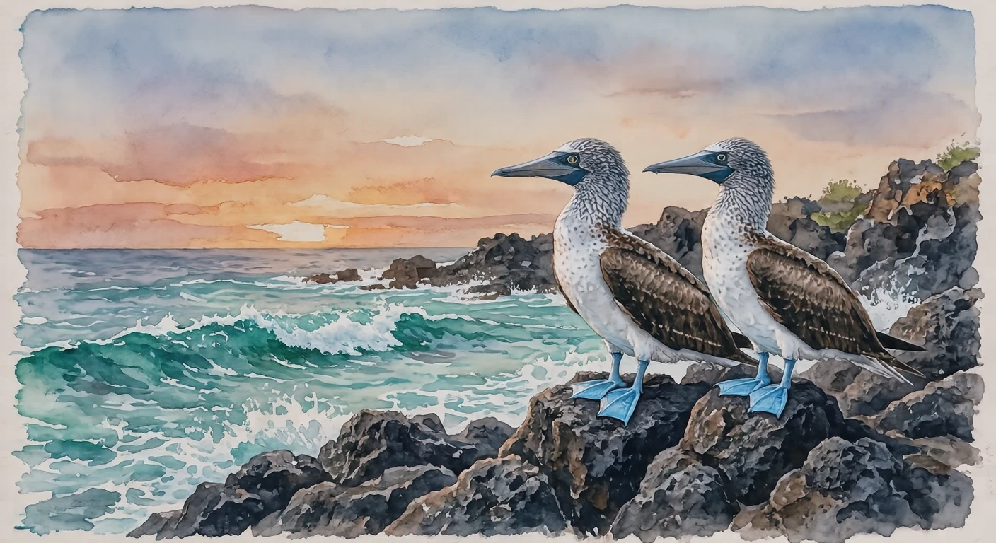 Illustration of blue-footed boobies in the Galapagos, a World Heritage Site (watercolor)