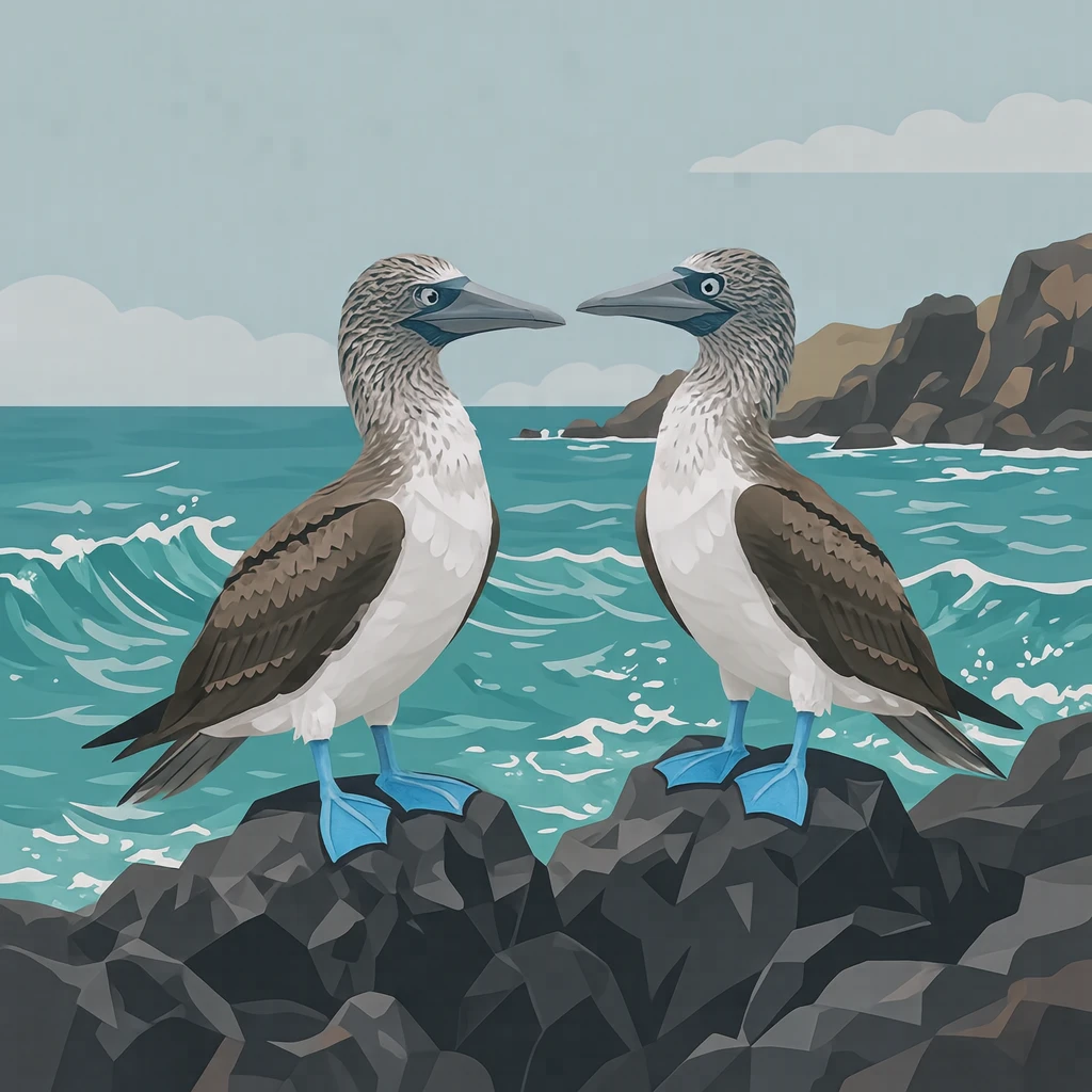 Illustration of blue-footed boobies in the Galapagos, a World Heritage Site (flat illustration)
