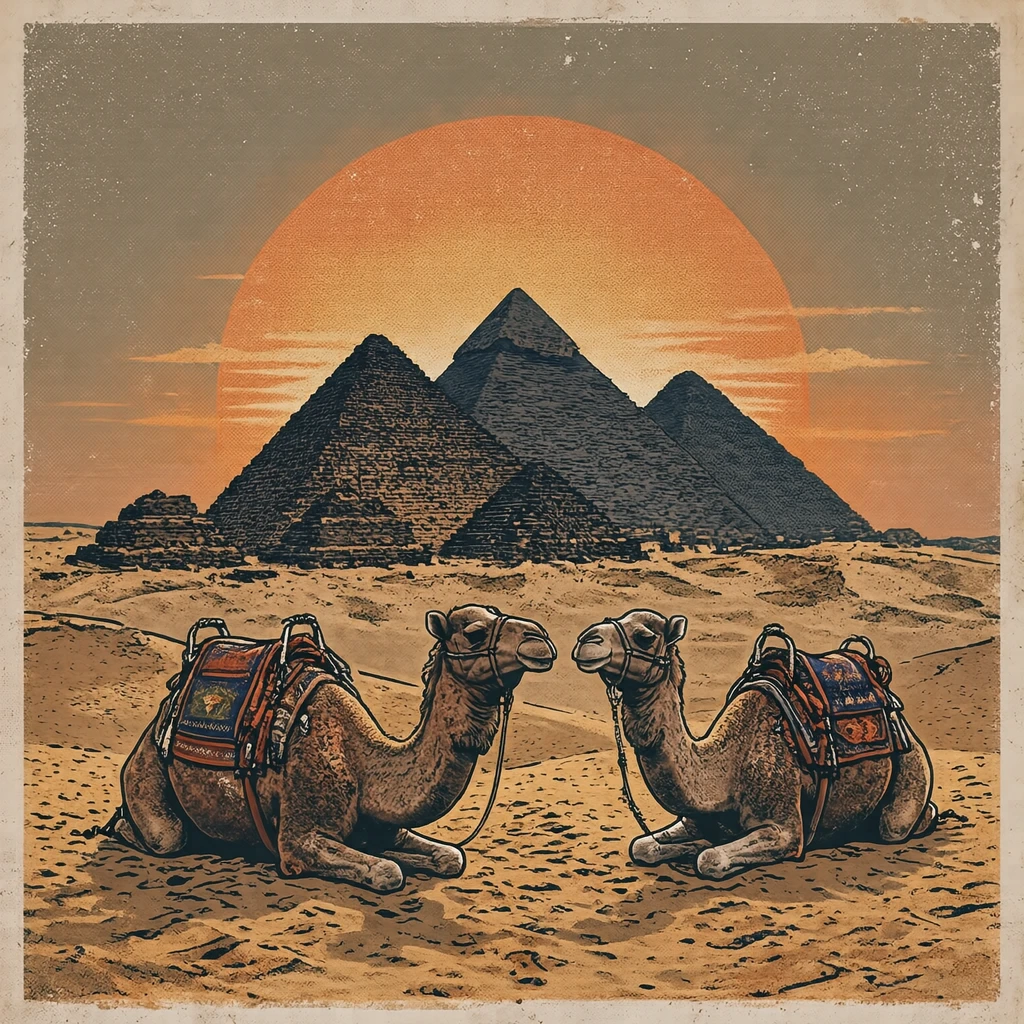 Illustration of camels and the pyramids of Giza, a World Heritage Site, at sunset (retro print)