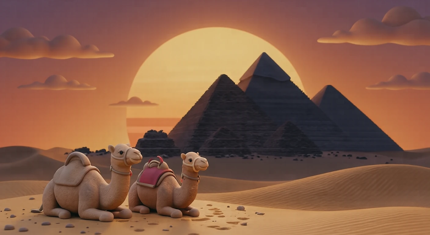 Illustration of camels and the pyramids of Giza, a World Heritage Site, at sunset (soft 3D)