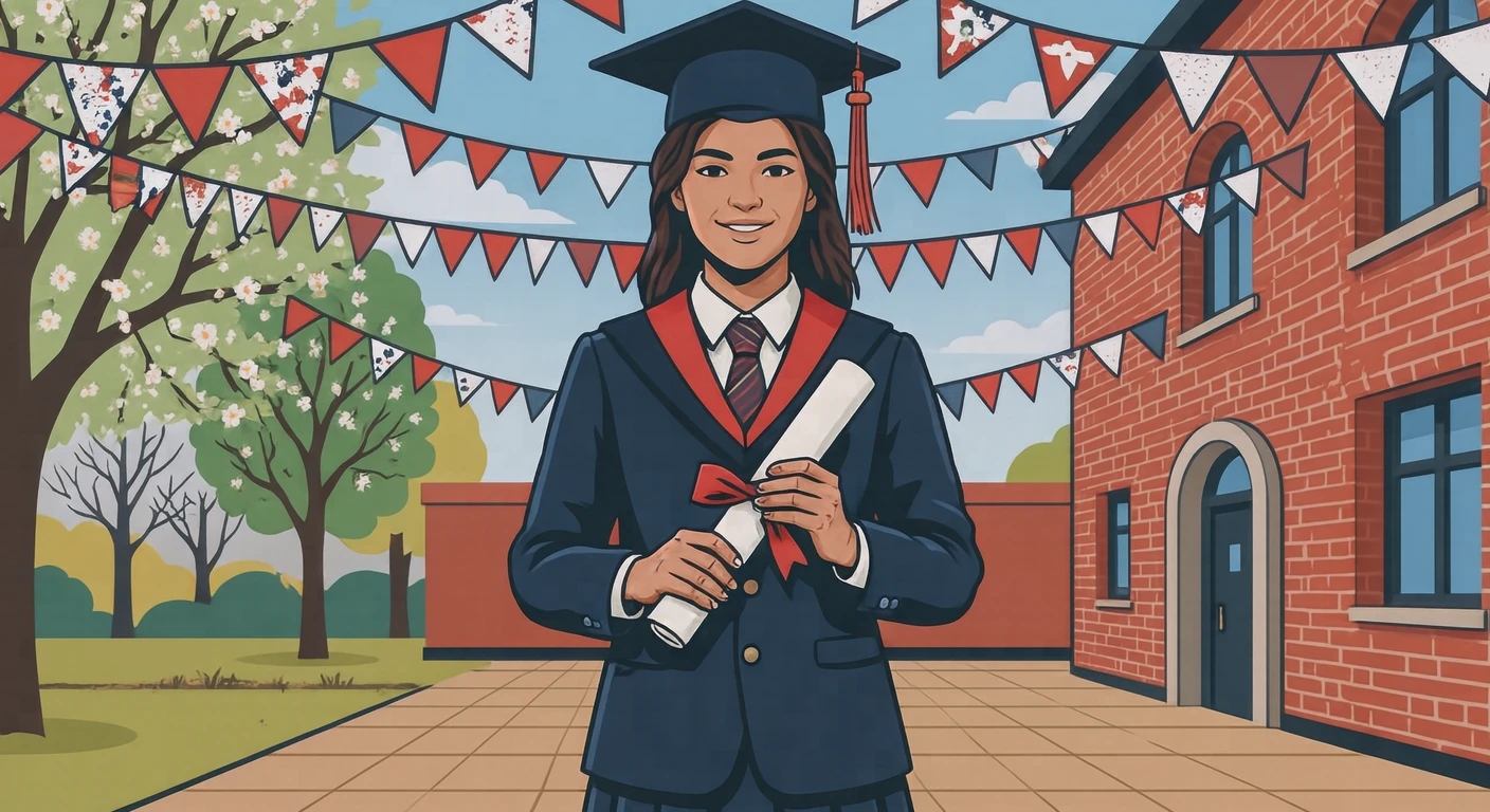 Illustration of one graduating student in a dark school uniform standing upright and holding a rolled diploma tied with a ribbon in both hands in front of the chest, in a school hall decorated with red and white bunting for a graduation ceremony, in early spring (bold graphic)