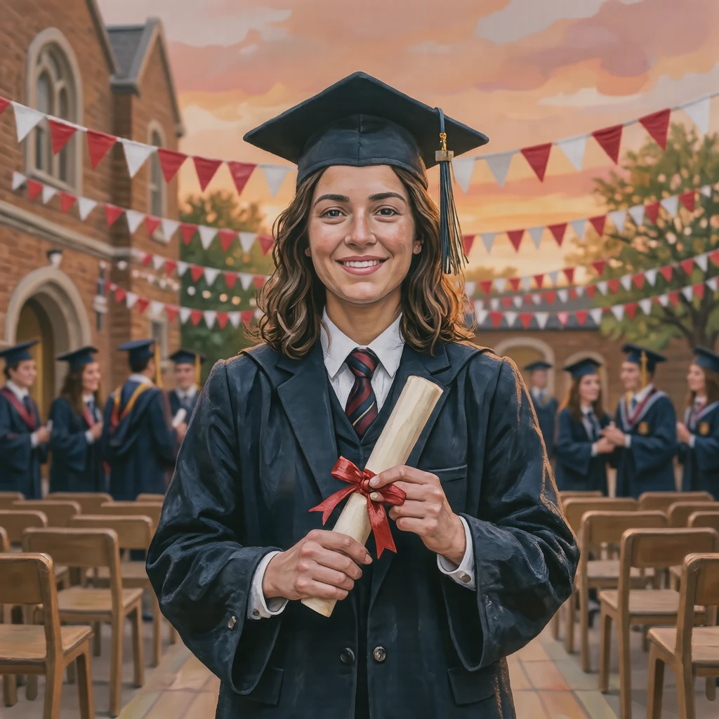 Illustration of one graduating student in a dark school uniform standing upright and holding a rolled diploma tied with a ribbon in both hands in front of the chest, in a school hall decorated with red and white bunting for a graduation ceremony, in early spring (gouache)