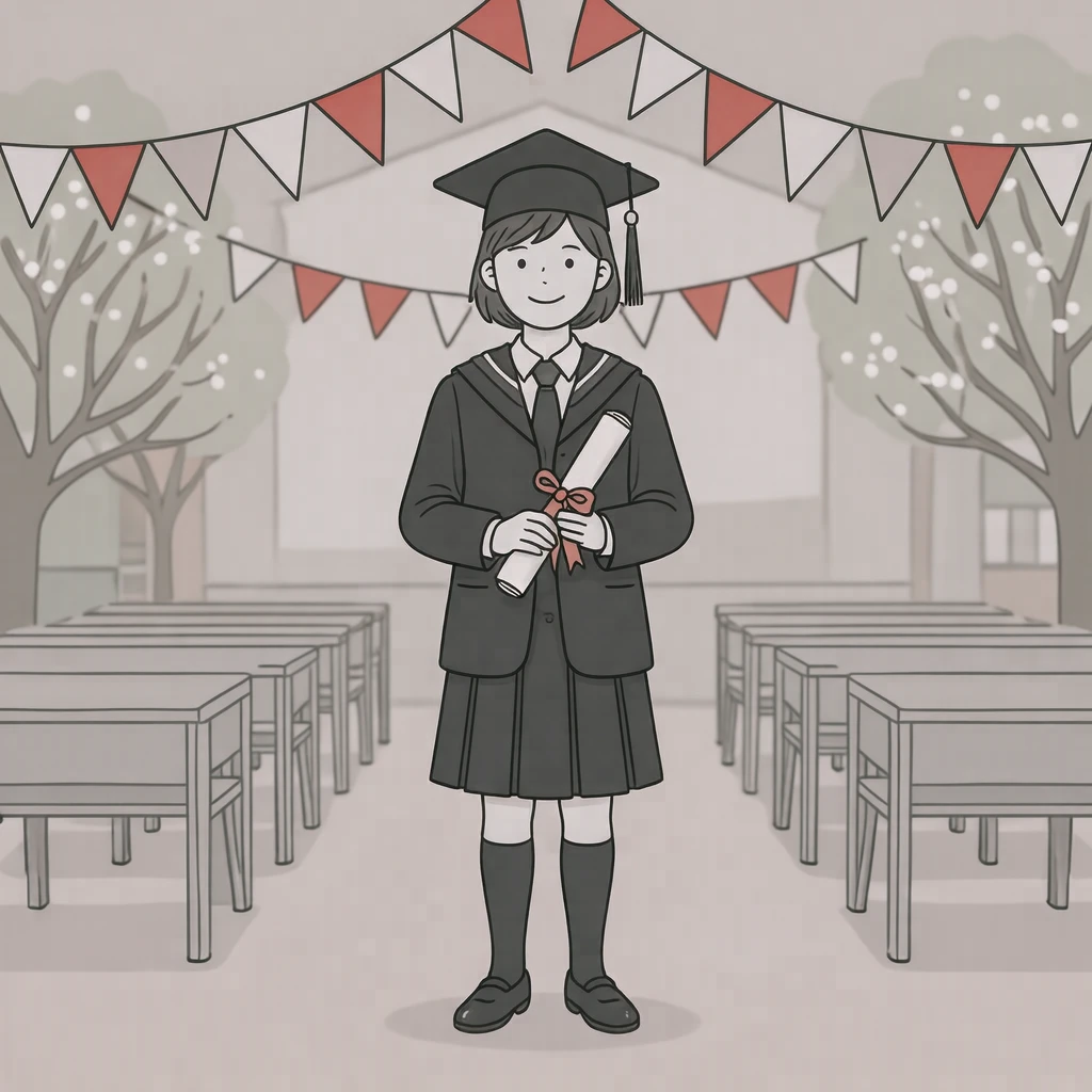 Illustration of one graduating student in a dark school uniform standing upright and holding a rolled diploma tied with a ribbon in both hands in front of the chest, in a school hall decorated with red and white bunting for a graduation ceremony, in early spring (simple line art)