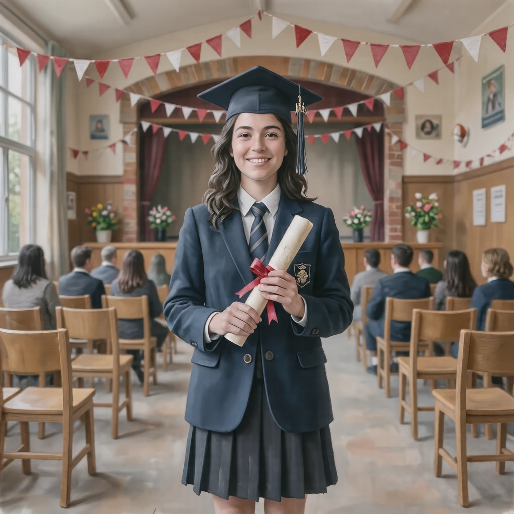 Illustration of one graduating student in a dark school uniform standing upright and holding a rolled diploma tied with a ribbon in both hands in front of the chest, in a school hall decorated with red and white bunting for a graduation ceremony, in early spring (gouache)