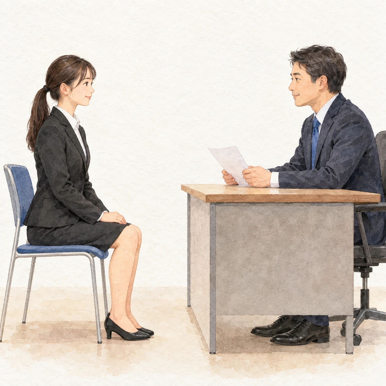 Illustration of a new graduate in a recruit suit at a job interview (watercolor)