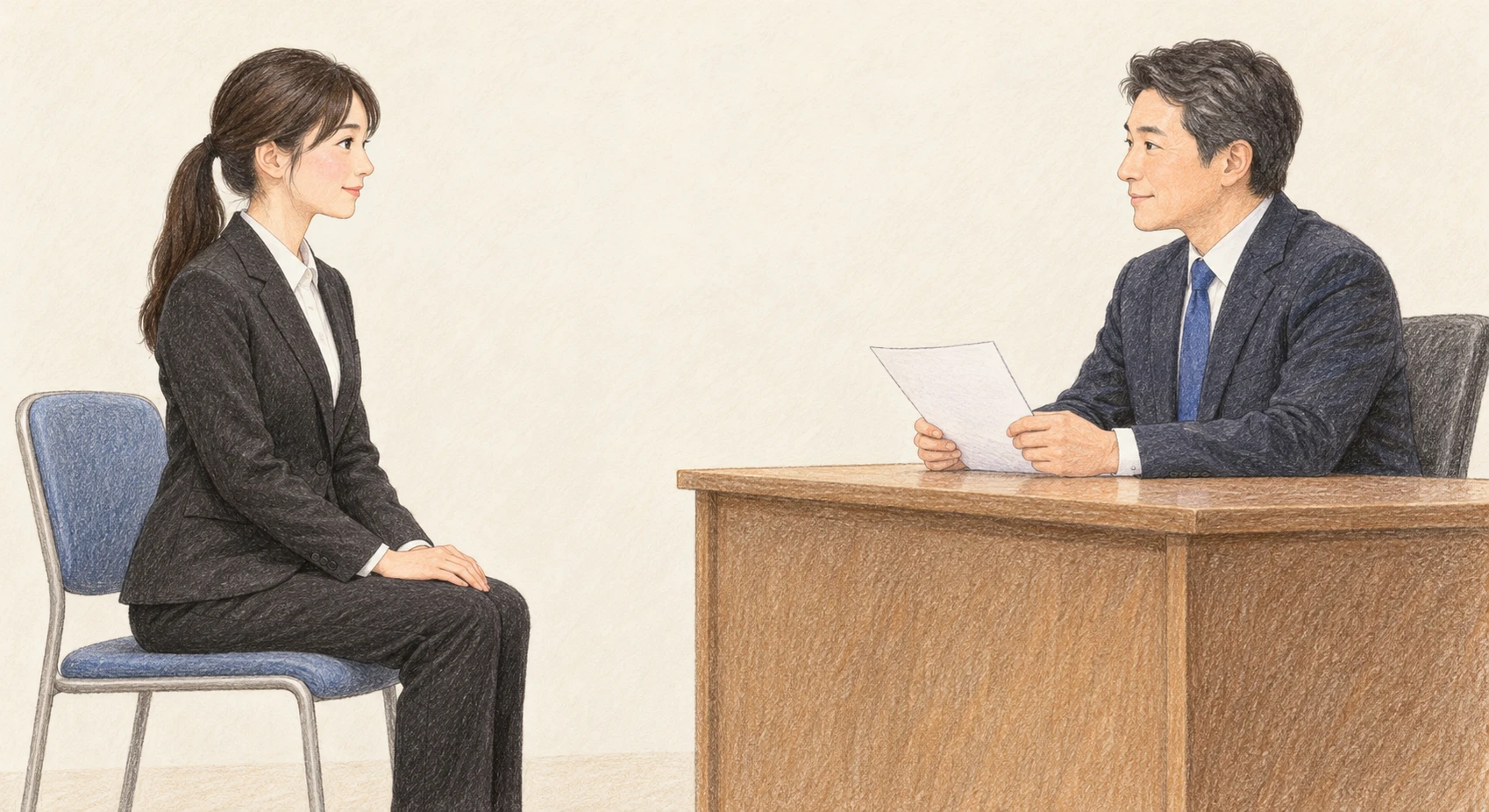 취업 정장을 입은 졸업 예정자의 신입 면접 일러스트 (색연필)