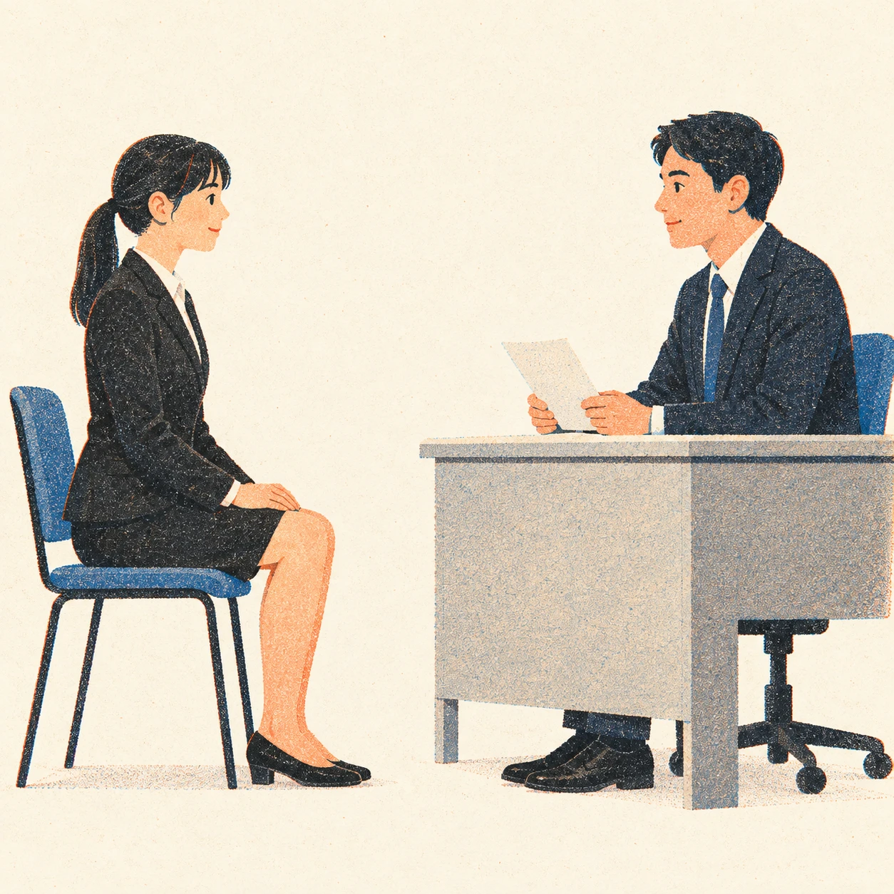 취업 정장을 입은 졸업 예정자의 신입 면접 일러스트 (레트로 인쇄)