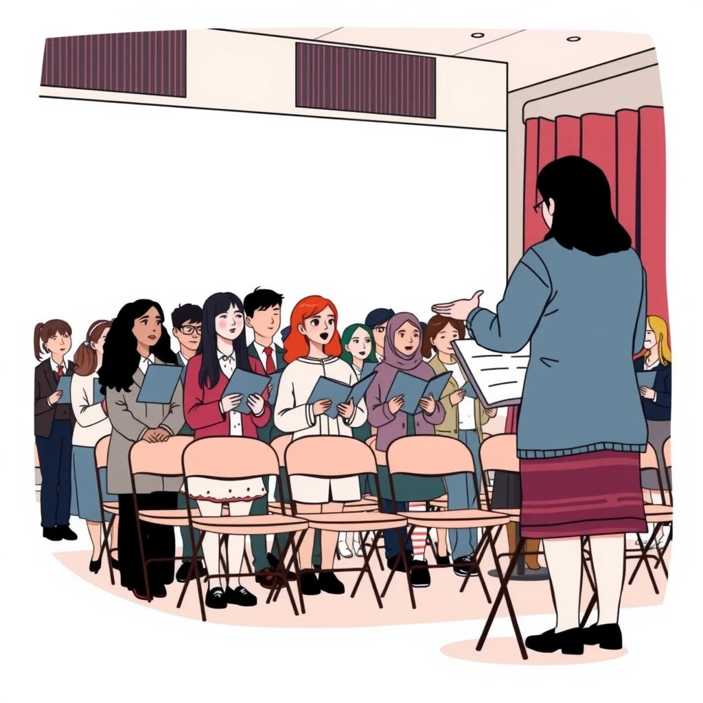 卒業式の練習で並んで歌う生徒たちのイラスト