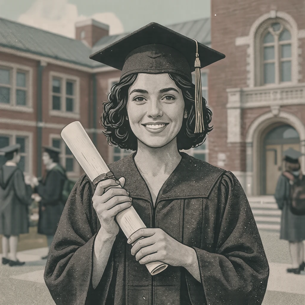 Illustration of graduates wearing caps and gowns (retro print)