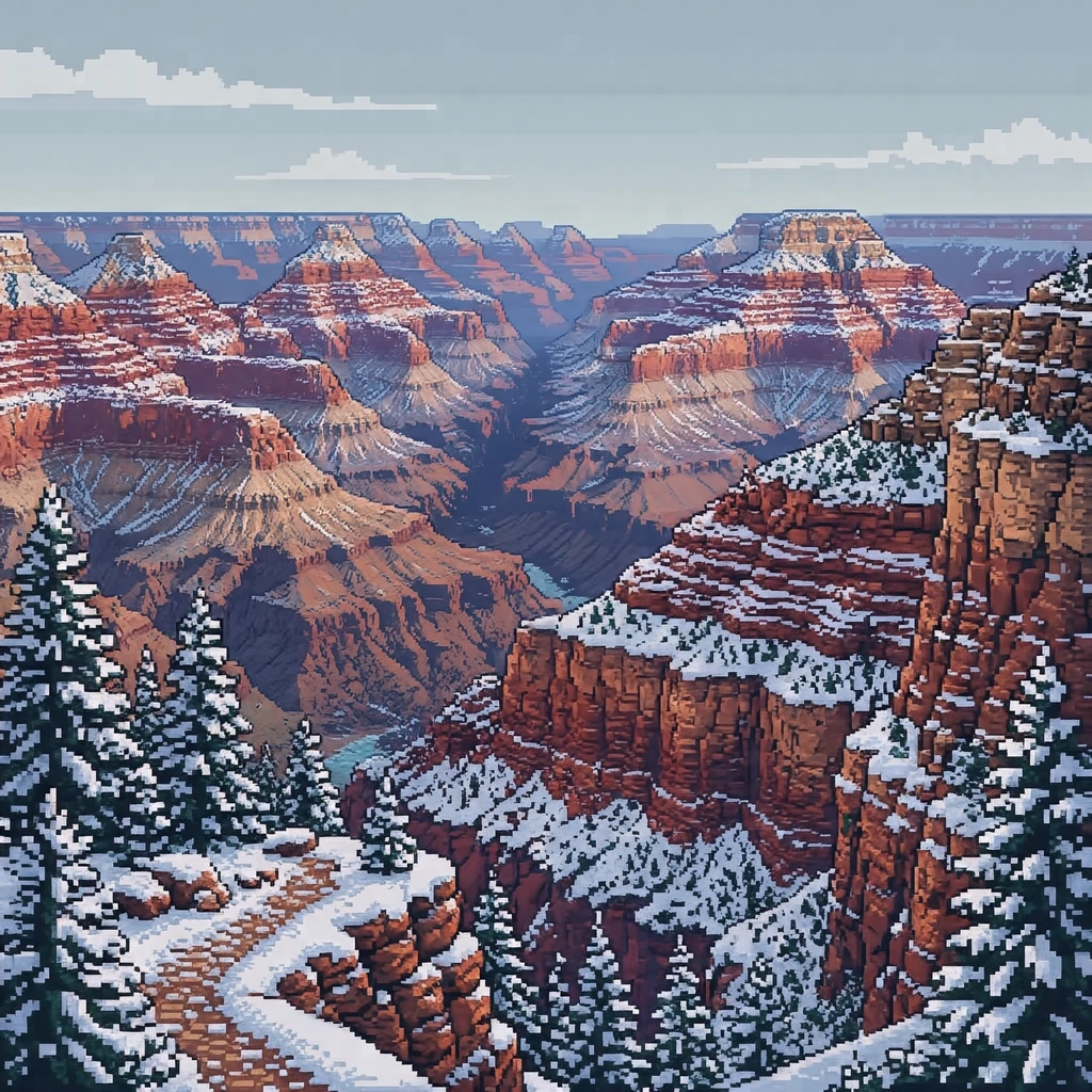 Illustration of the Grand Canyon, a World Heritage Site, dusted with snow (pixel art)