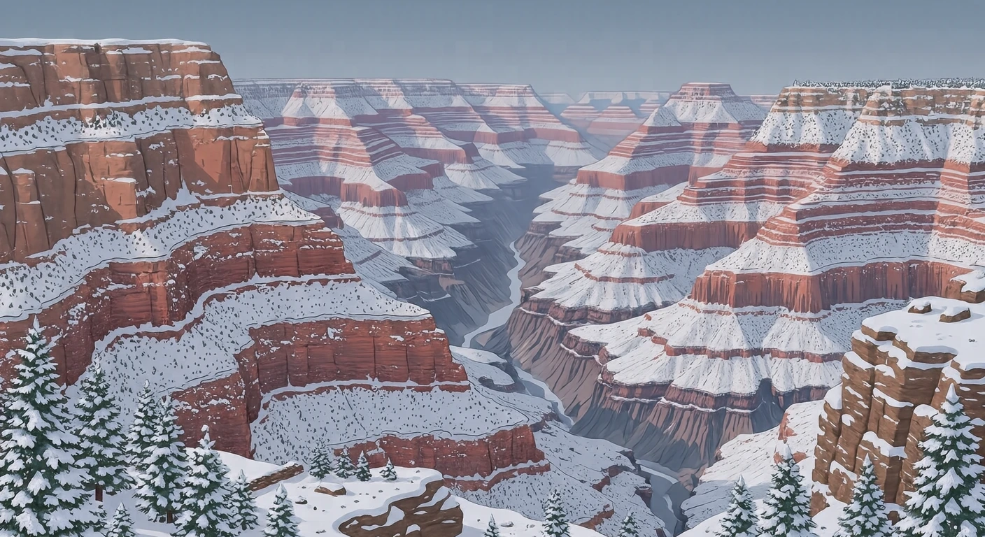 Illustration of the Grand Canyon, a World Heritage Site, dusted with snow (isometric)