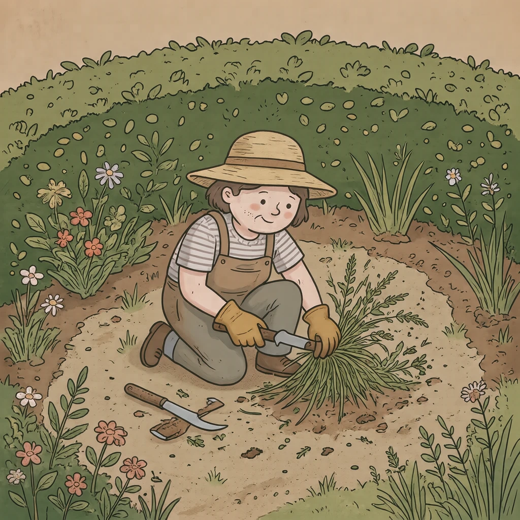 庭で鎌を使って雑草を刈る住民のイラスト（ゆるいイラスト）