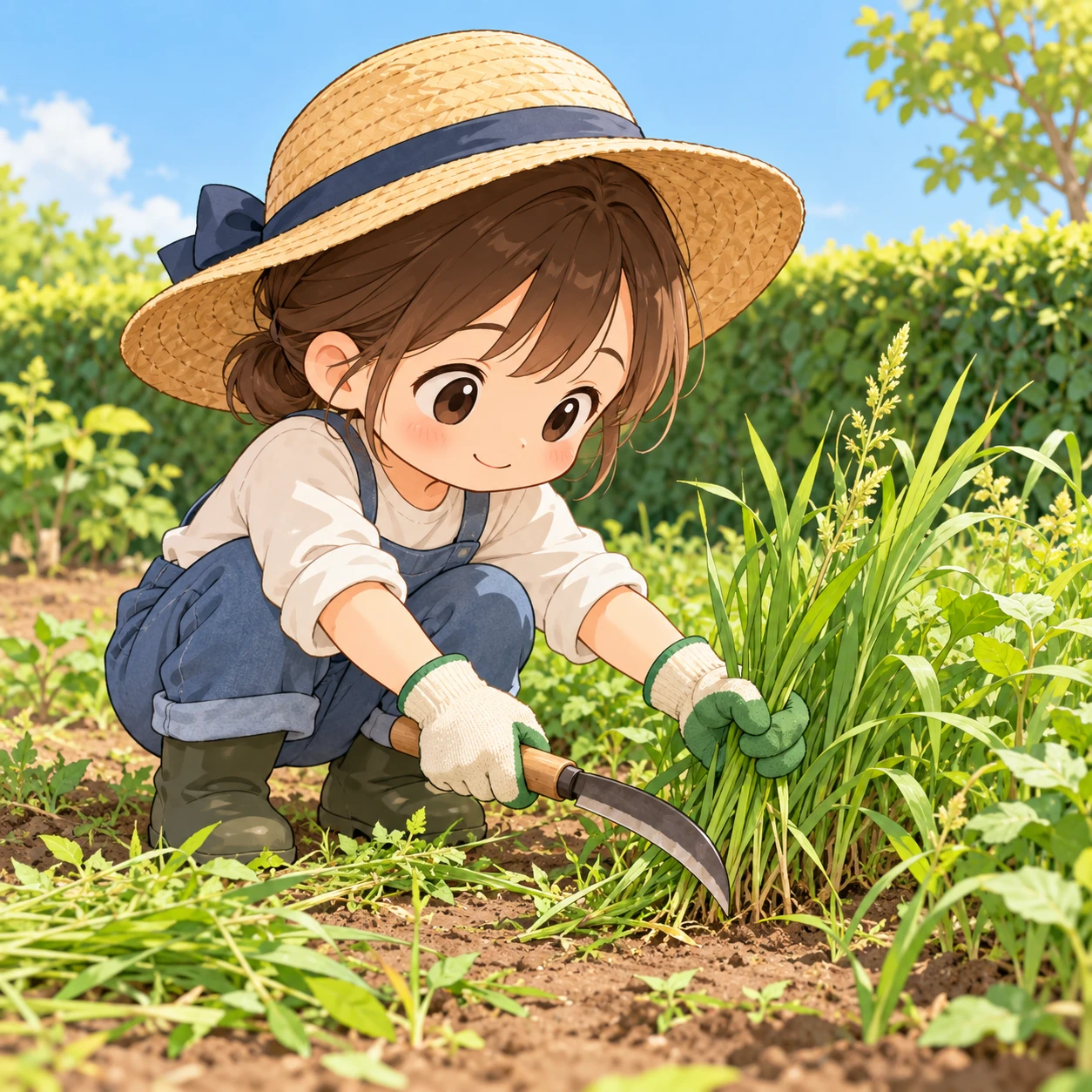 Illustration of one resident in a sun hat and work gloves crouching low and cutting a clump of tall weeds with a small hand sickle, in a small garden with a low hedge, on a bright early-summer morning (chibi)