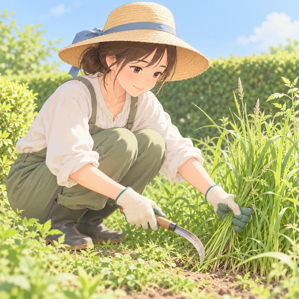 庭で鎌を使って雑草を刈る住民のイラスト（ソフトパステル）