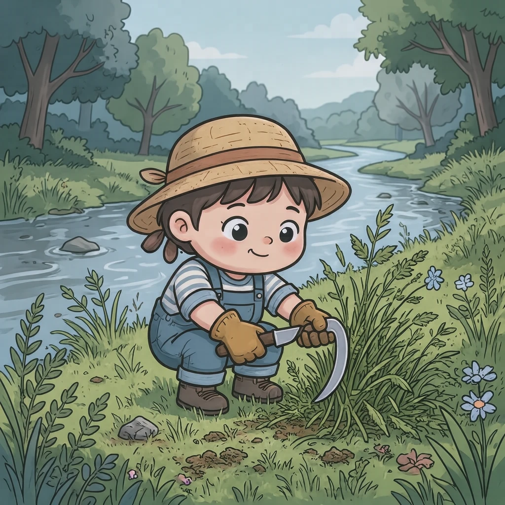 河川敷で鎌を使って雑草を刈る住民のイラスト（デフォルメ）