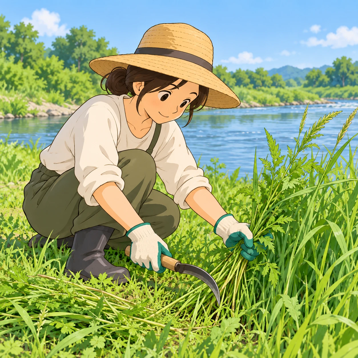 河川敷で鎌を使って雑草を刈る住民のイラスト（ゆるいイラスト）