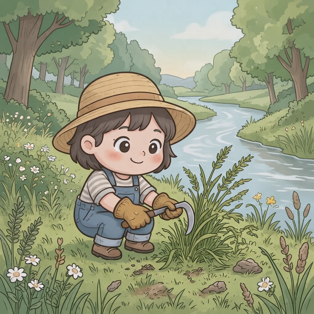 河川敷で鎌を使って雑草を刈る住民のイラスト（デフォルメ）