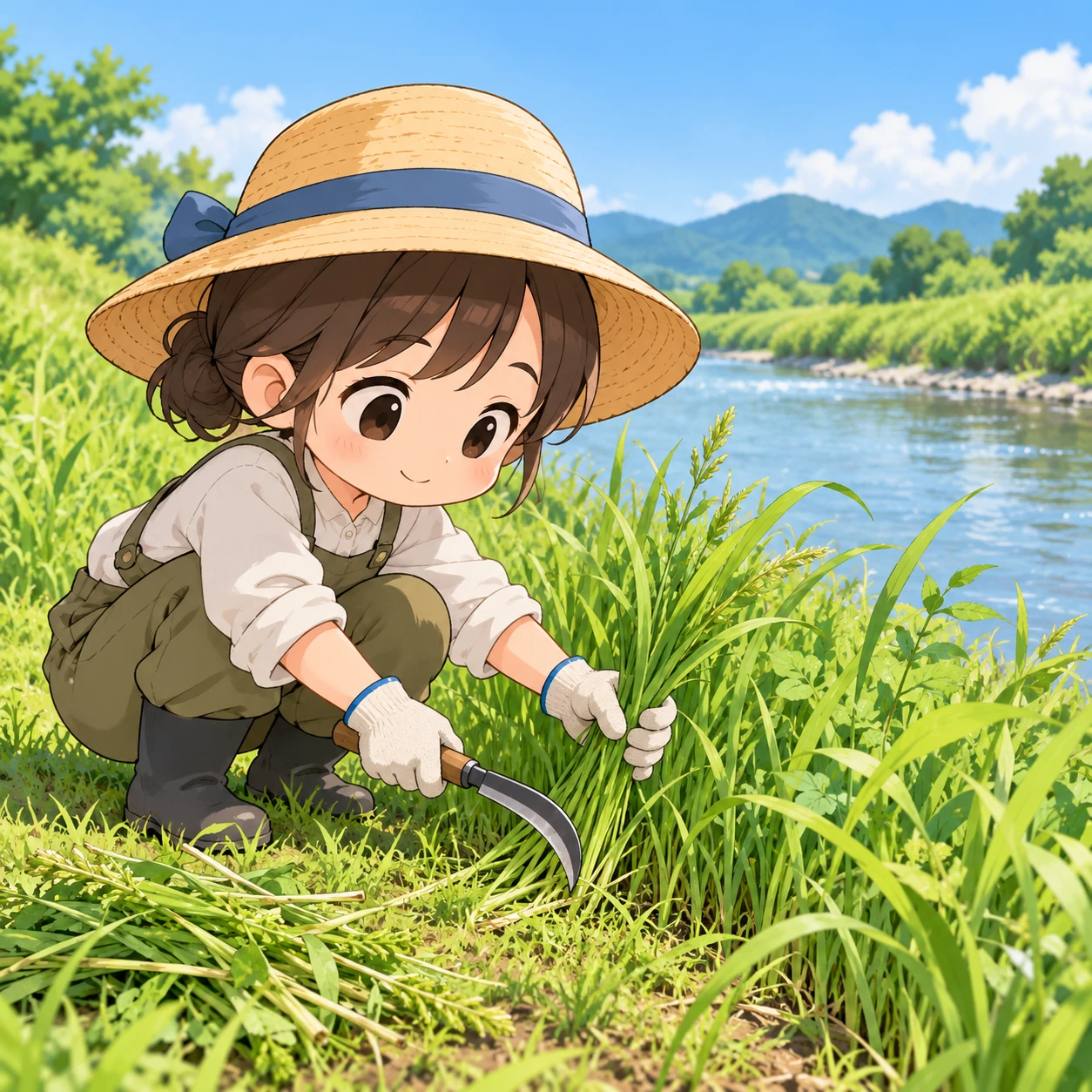 Illustration of one resident in a sun hat and work gloves crouching low and cutting a clump of tall weeds with a small hand sickle, on a grassy riverbank beside a slow river, on a bright early-summer morning (chibi)