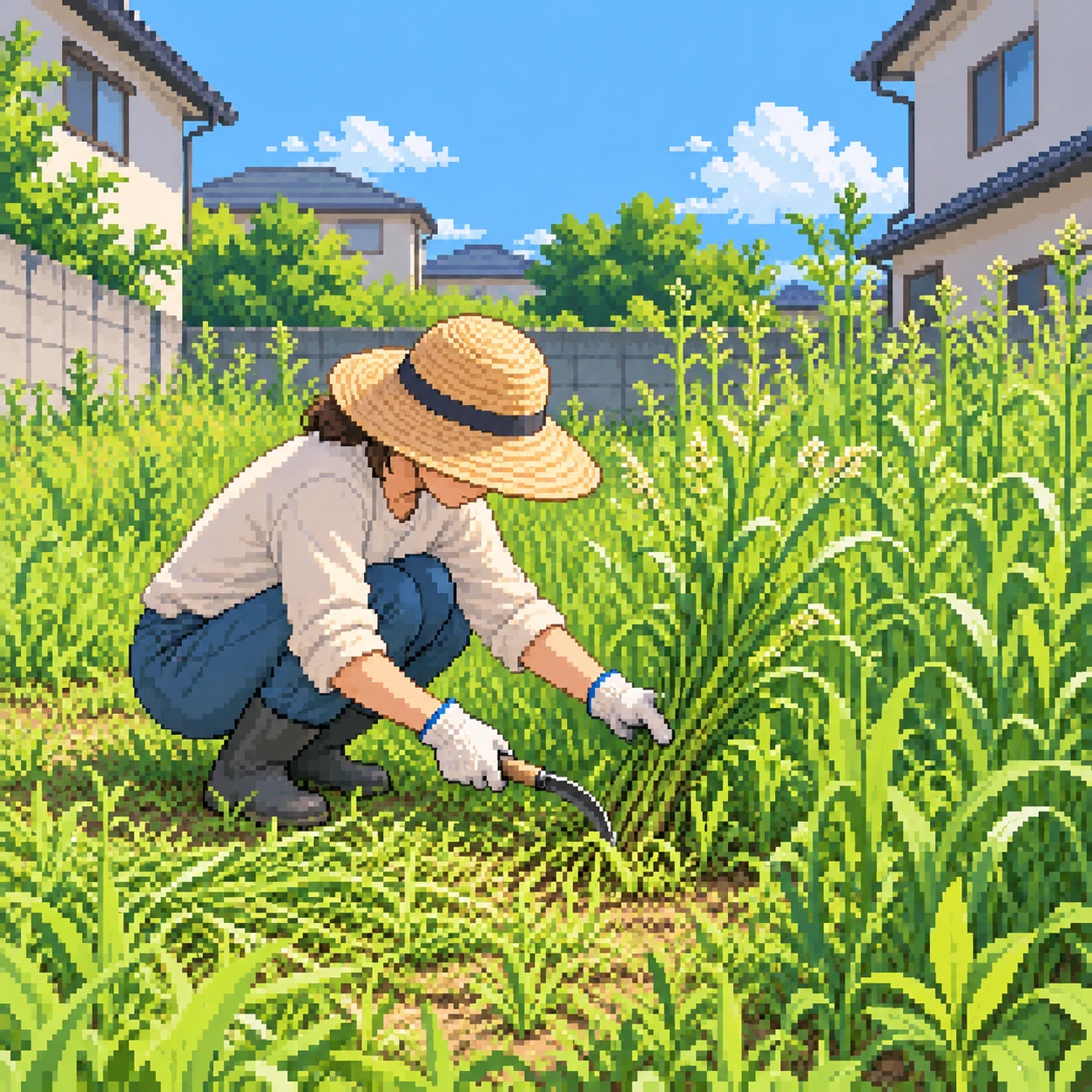 Illustration of one resident in a sun hat and work gloves crouching low and cutting a clump of tall weeds with a small hand sickle, on an overgrown vacant lot between houses, on a bright early-summer morning (pixel art)