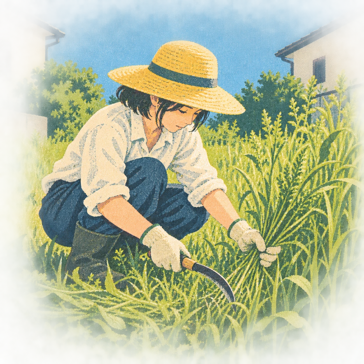 空き地で鎌を使って雑草を刈る住民のイラスト（レトロ印刷）