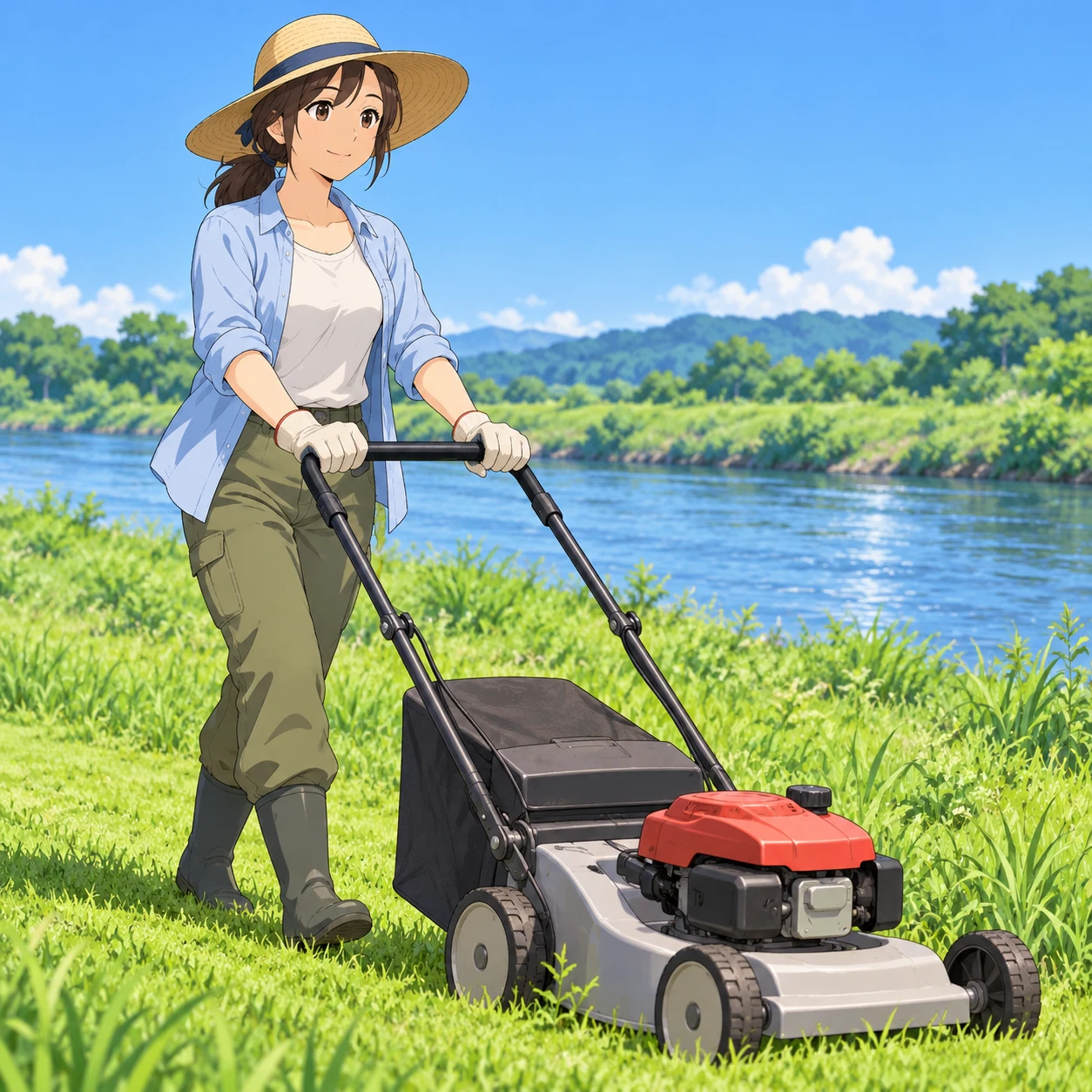 河川敷で芝刈り機を押す住民のイラスト（アニメ塗り）