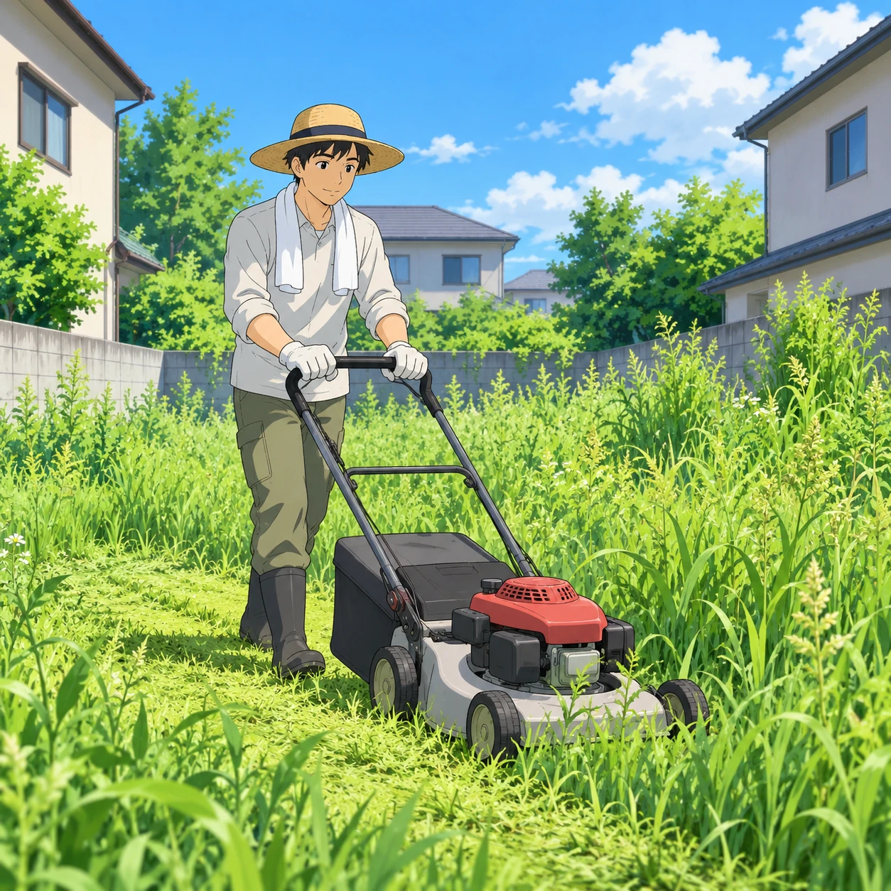 空き地で芝刈り機を押す住民のイラスト（アニメ塗り）