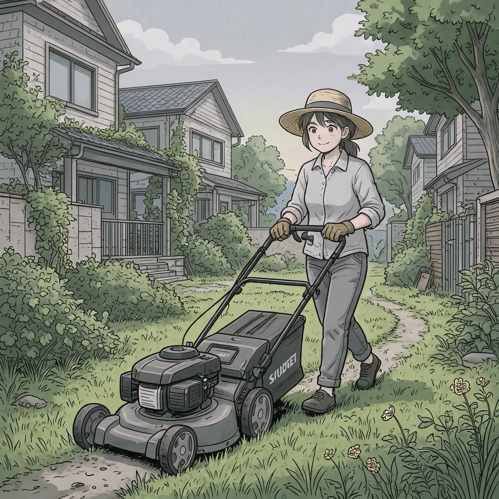 空き地で芝刈り機を押す住民のイラスト（アニメ塗り）