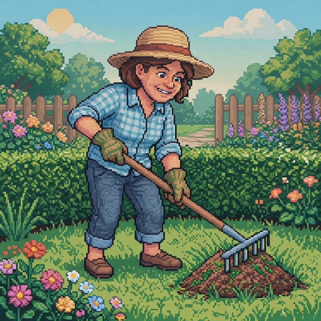 庭で熊手を使って刈った草を集める住民のイラスト（ドット絵）