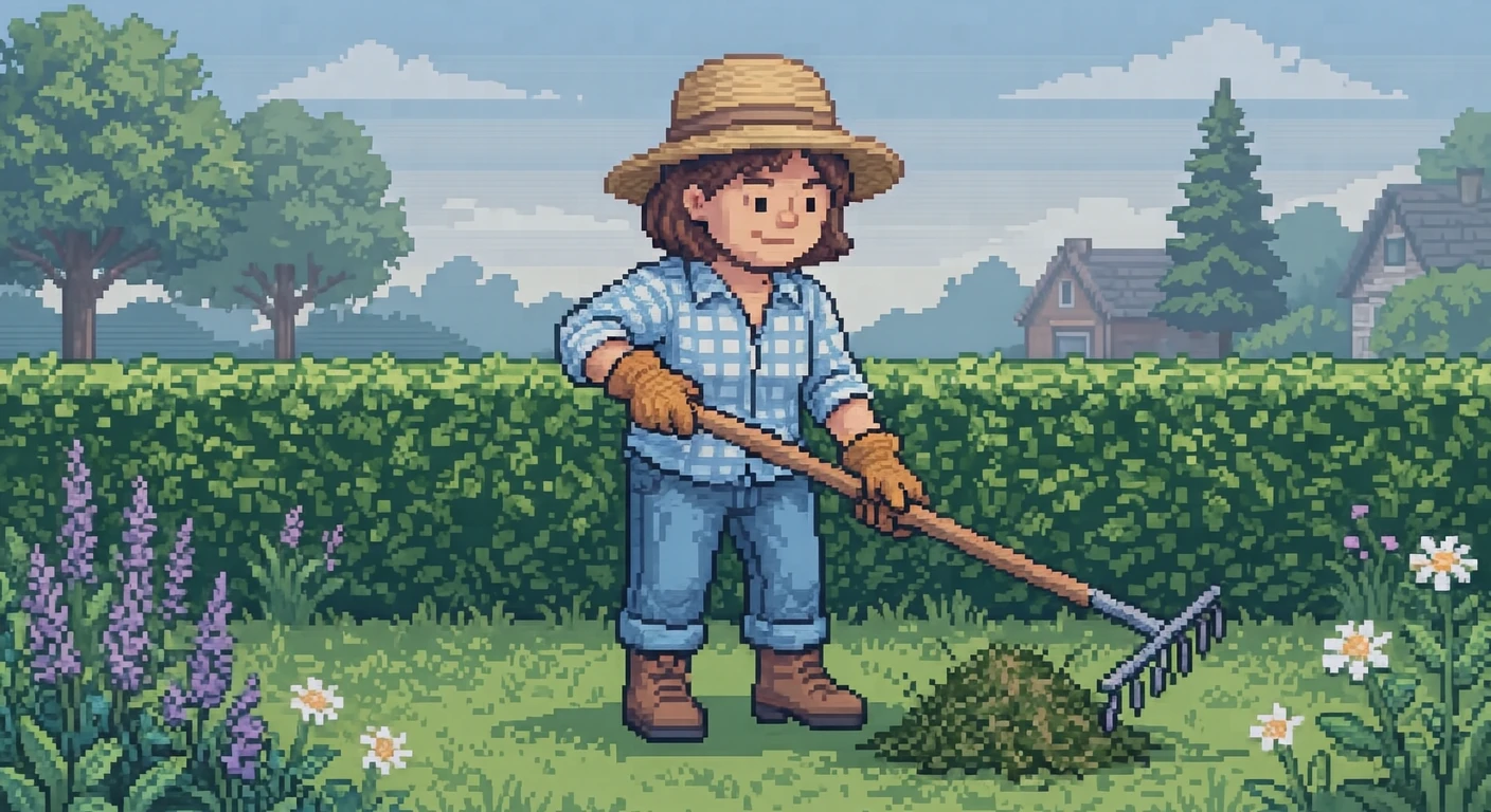 庭で熊手を使って刈った草を集める住民のイラスト（ドット絵）