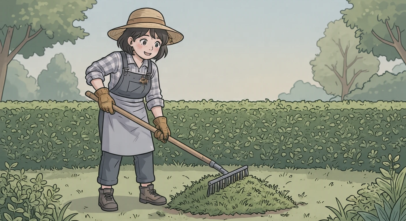 庭で熊手を使って刈った草を集める住民のイラスト（アニメ塗り）