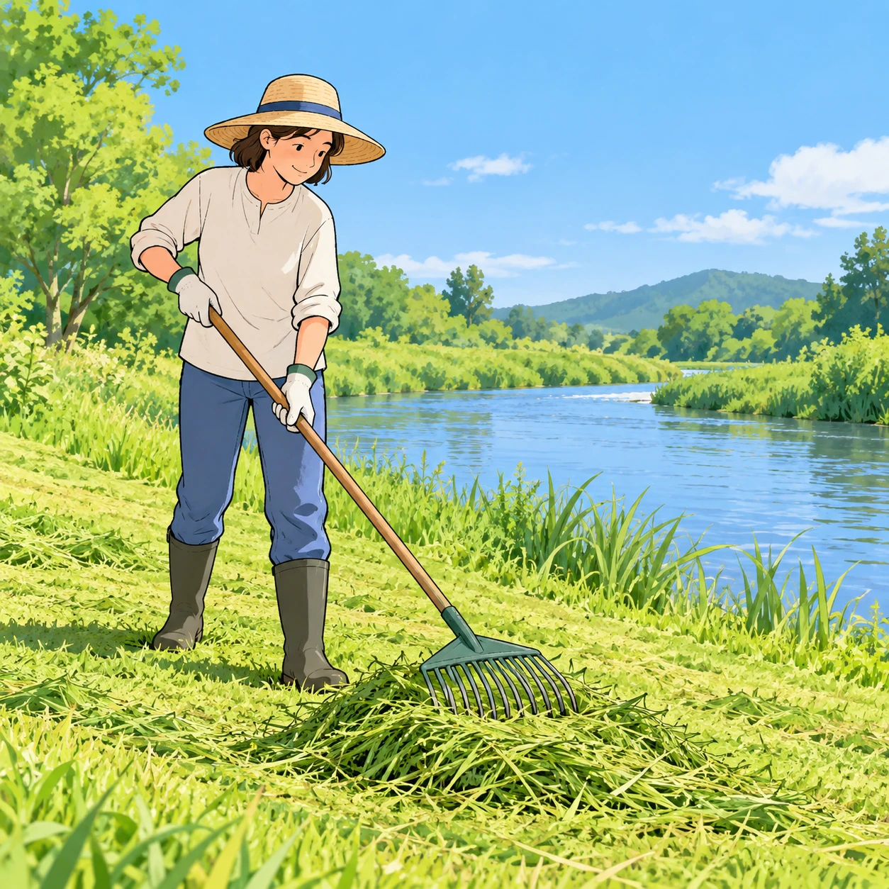 河川敷で熊手を使って刈った草を集める住民のイラスト（ゆるいイラスト）