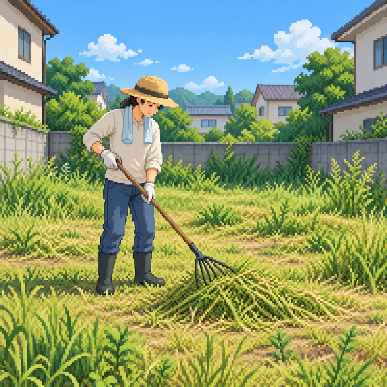 空き地で熊手を使って刈った草を集める住民のイラスト（ドット絵）
