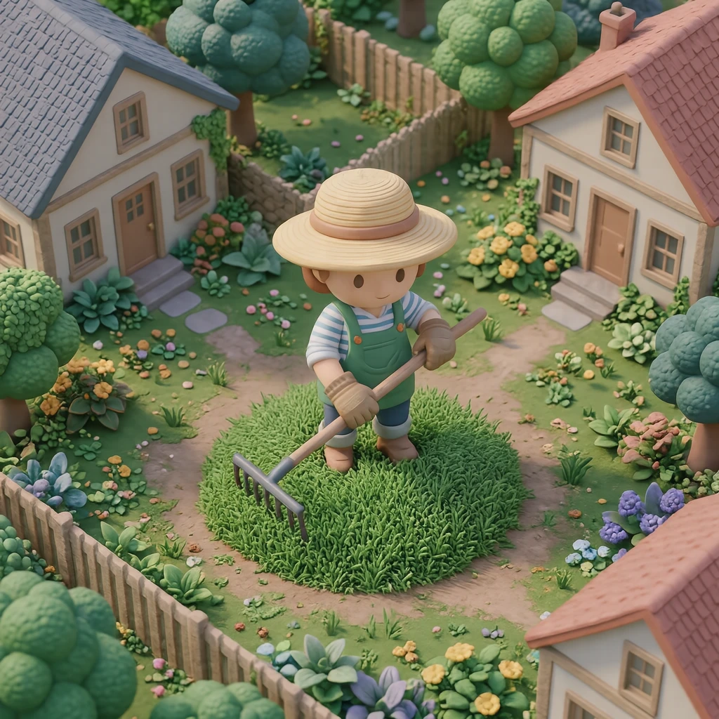 空き地で熊手を使って刈った草を集める住民のイラスト（ソフト3D）