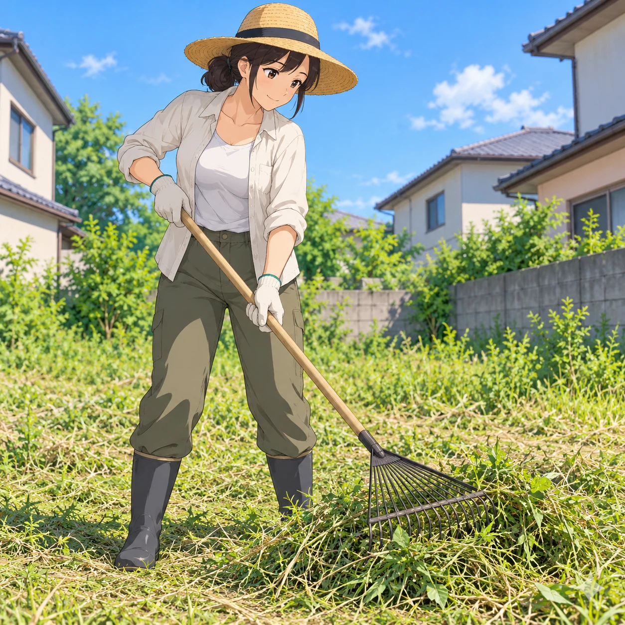 空き地で熊手を使って刈った草を集める住民のイラスト（アニメ塗り）