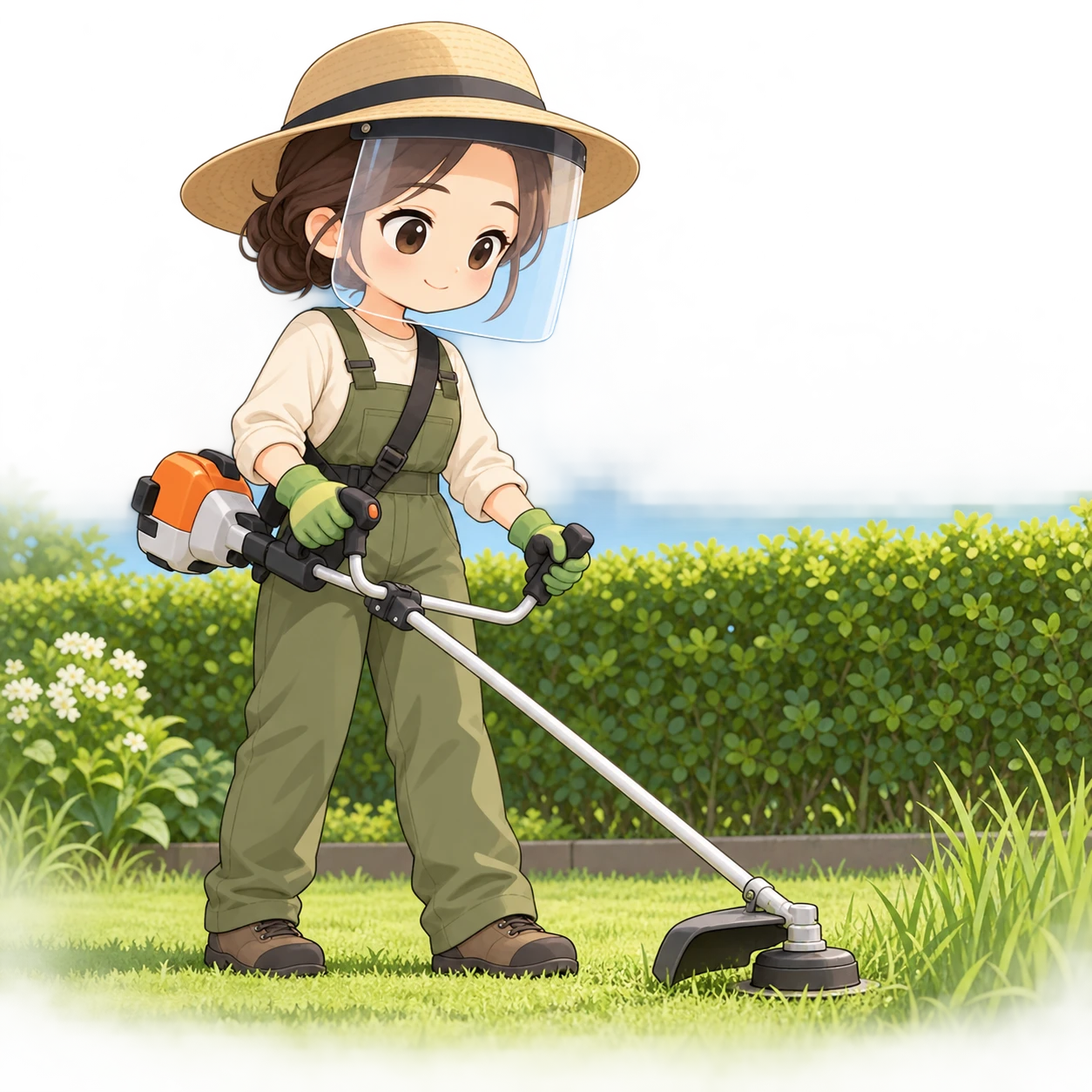 庭で草刈り機を使って草を刈る住民のイラスト（デフォルメ）