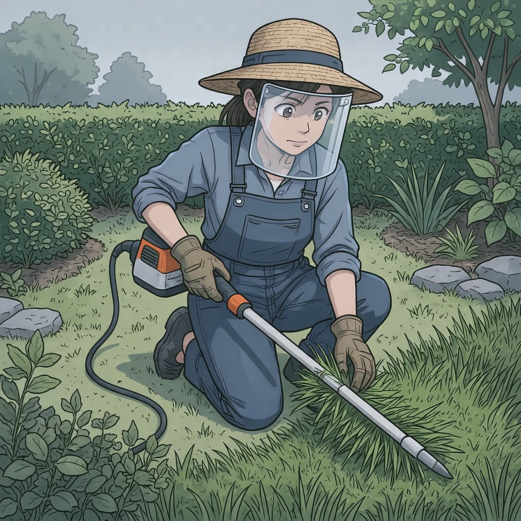 庭で草刈り機を使って草を刈る住民のイラスト（アニメ塗り）